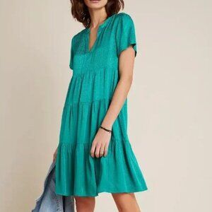 Anthropologie Maeve Sz S Tiered Dress Tania Sacha Satin Jacquard Kelly Green